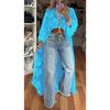 Women's Mock Neck Long Flare Sleeve Lace Kimono Irregular Long Cover Up Top