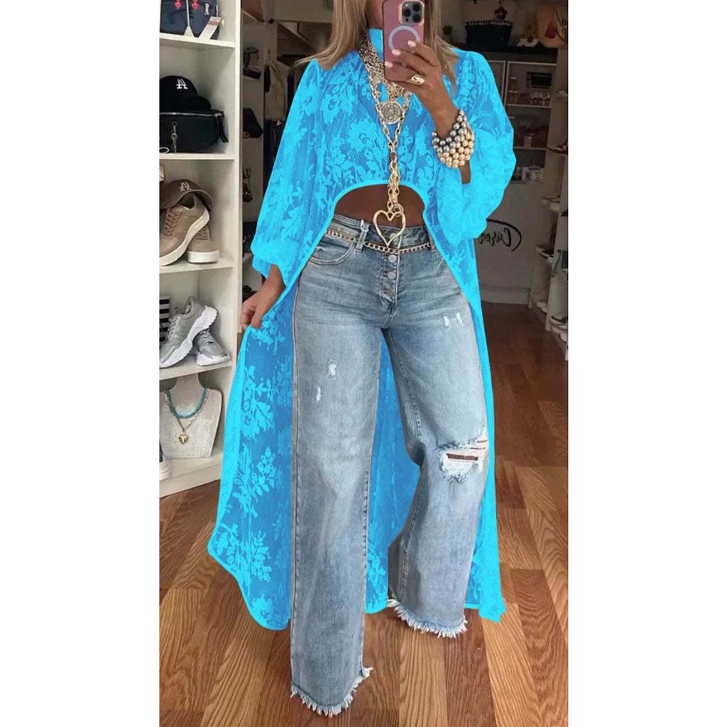 Women's Mock Neck Long Flare Sleeve Lace Kimono Irregular Long Cover Up Top