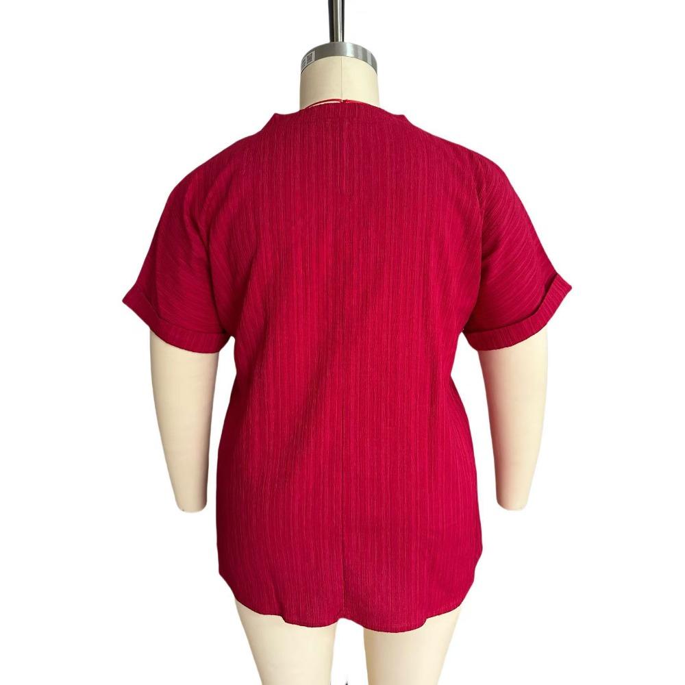 Elegant Casual T-Shirt - Women's Plus Size - Plus Size - New European and American - Spring/Summer Short Sleeve - Button Solid Color