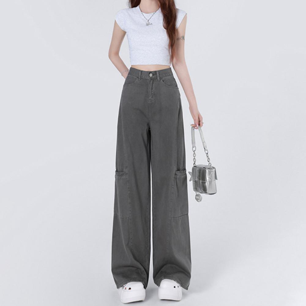 

American hiphop tooling jeans women s spring and autumn new high street loose wide-leg drape floor jeans XL светло-серый