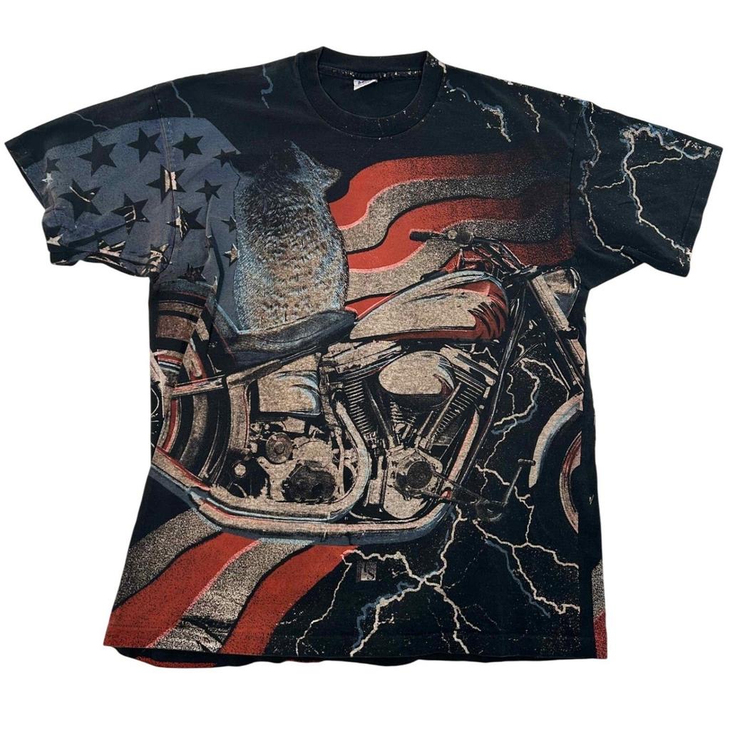 Unisport Vintage 90s Wolf Motorcycle USA Flag All Over Print XXL Black Unisex T-Shirt