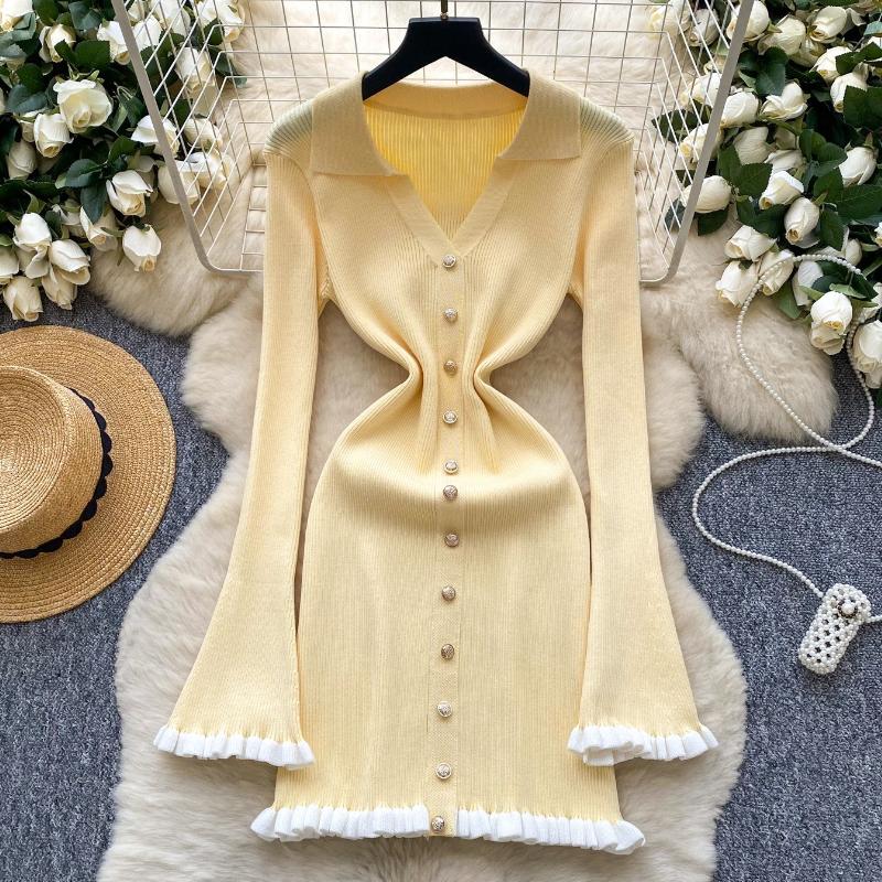 Elegant Knitted Dress for Women Autumn New Ruffle Edge V-neck Slim Long Sleeve Mid Length Ladies Evening Dresses Knitted Sweater