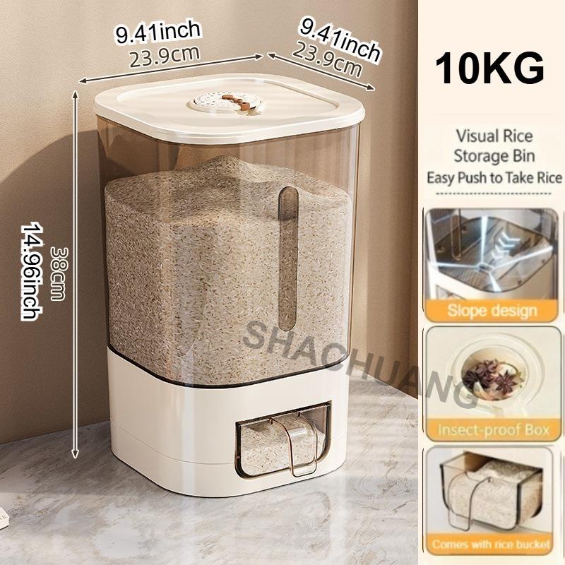 Automatyczny dozownik ryżu o dużej pojemności 5 kg/10 kg z kubkiem, hermetyczny pojemnik na ryż odporny na wilgoć, niezbędne akcesoria kuchenne