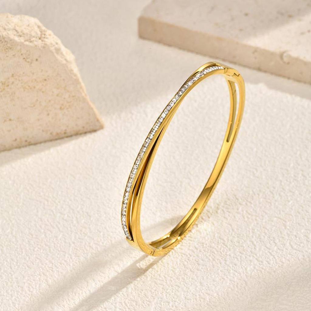 Vnox Stainless Steel Gold Plated Bangle, Roman Numeral Luxurious Zirconia Geometric Design Bracelet Ladies Anniversary Gifts