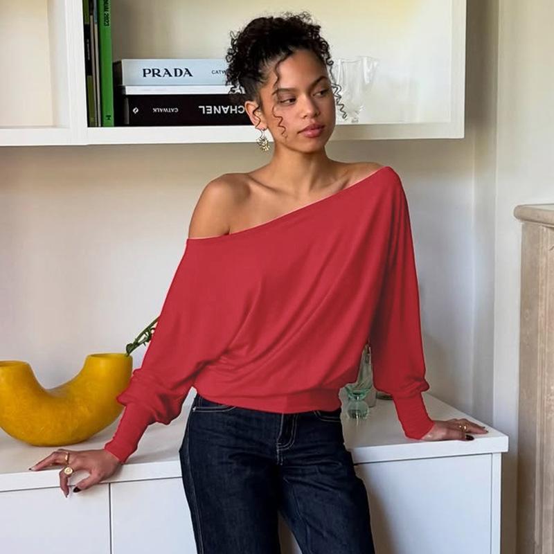 European and American women's clothing autumn ins new fashion solid color slanted shoulder long-sleeved pleated navel top T-shirt women
