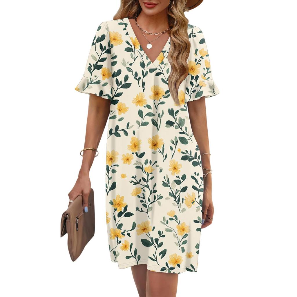 Women's Summer Floral Print Dress Pleated Short Sleeve V-Neck Pocket Casual Dress