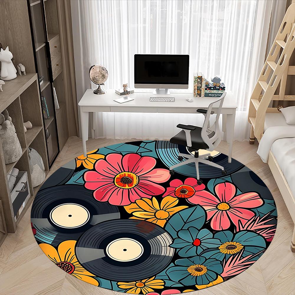 1pc Floral Music Office Round Area Rug, Indoor Mat Suitable For Office, Under Office Chairs Bedroom Living Room Home Decor, Room Deco 046