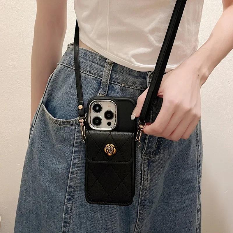 Luxury Crossbody Leather Cover for IPhone 15 14 Plus 13 12 11 Pro Max XS XR X Lanyard Card Holder Pocket Wallet Phone Case