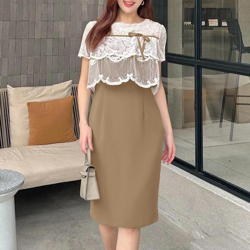 

ZANZEA Womens Lace Splice Round Neck Summer Short Sleeve Sheath Dress 5XL хакі