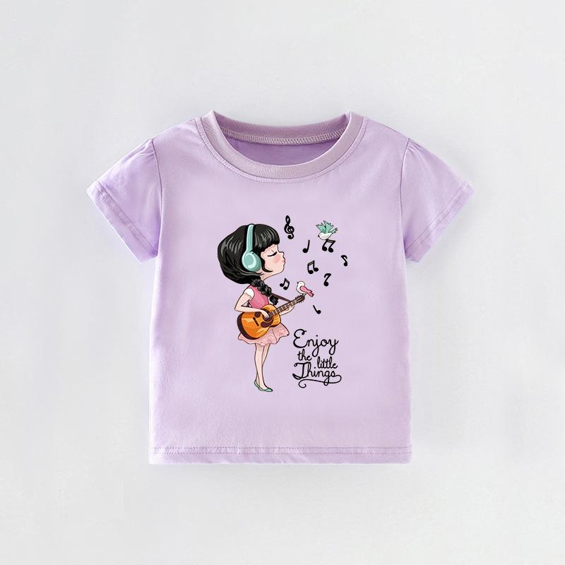 New European Style Girls' Cartoon T-Shirt - Round Neck, Short Sleeve, Summer Wear for Kids