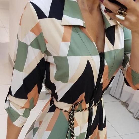 Women's Button Down V-Neck Midi Dress Long Sleeve Lace-Up Printed Dress Summer Casual Outfit for Daily Wear Vacation Club Cocktail Party