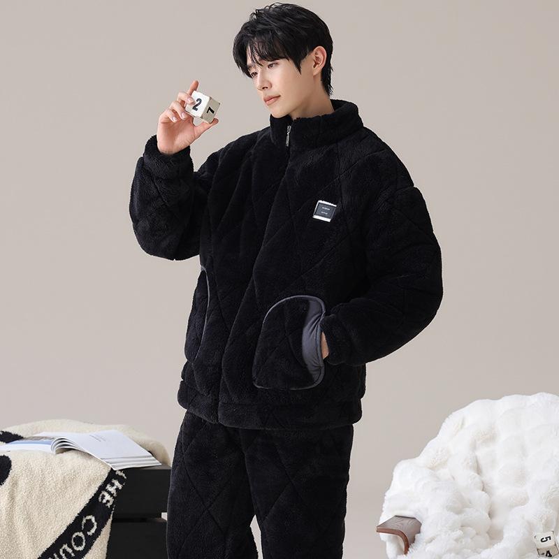 Pajamas Men'S Winter Velvet Winter Warm Three-Layer Thickened Padded Jacket Coral Fleece Loungewear Set Winter