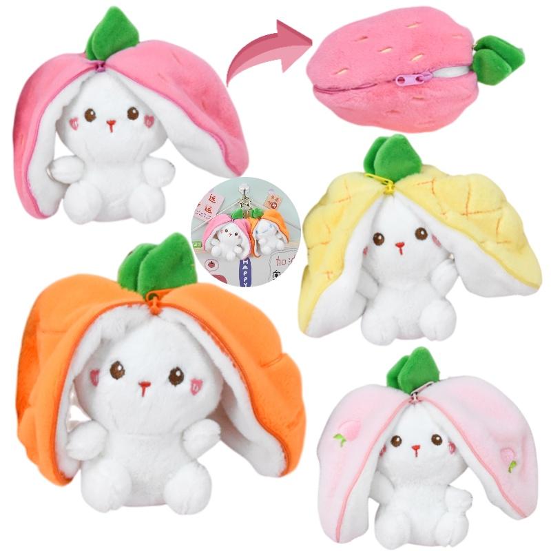 Schattig Aardbeien Konijn Pluche Speelgoed Sleutelhanger Fruit Transformatie Pop Tas Hanger