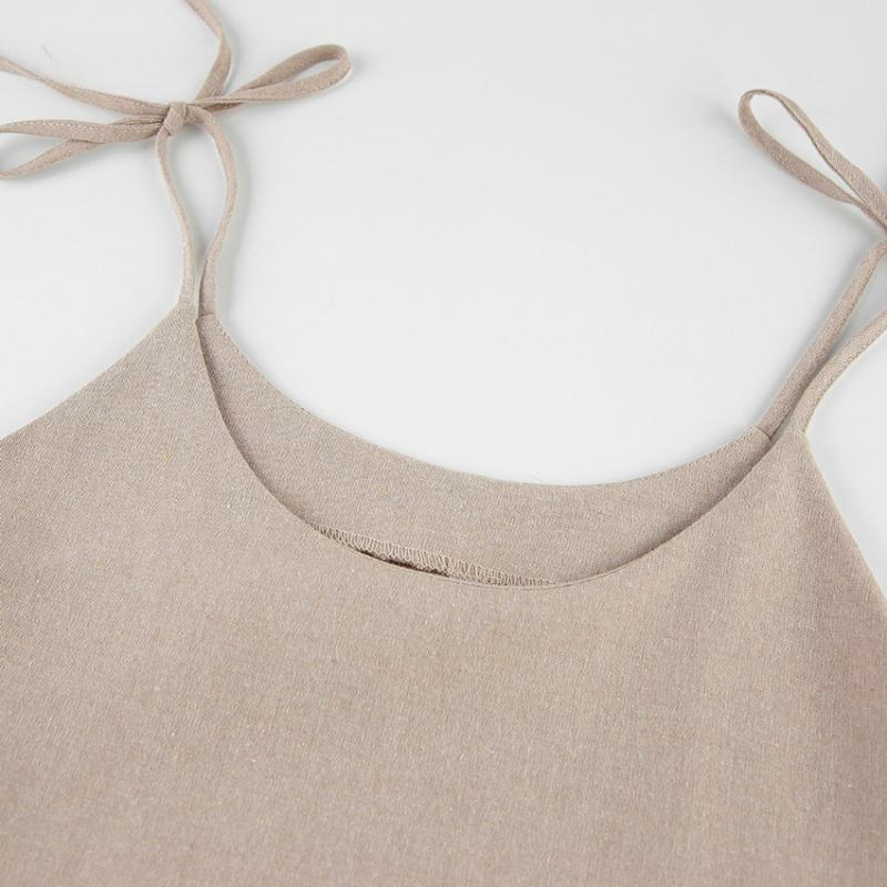 Summer Khaki Linen Dress Women Elegant Spaghetti Strap A-Line Loose Dresses Fashion Ruched Lace-Up Sexy Mini Dresses