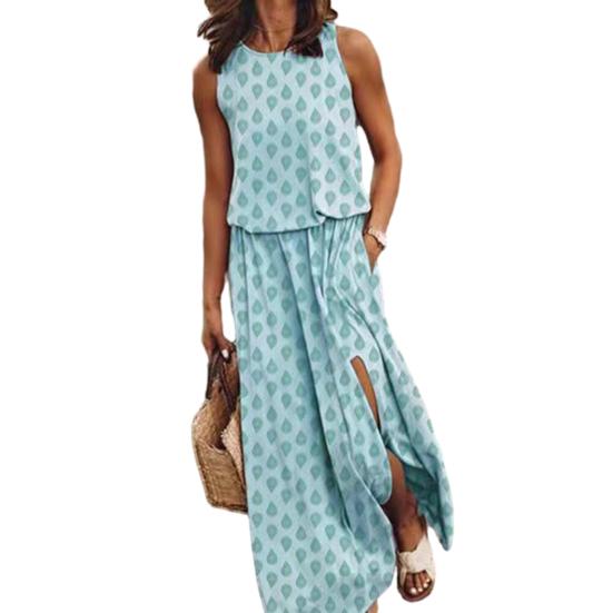 

Женское платье макси без рукавов, повседневное, с круглым вырезом, эластичной талией, разрезом, длинное платье с карманом, летний пляжный сарафан для отдыха XL синий