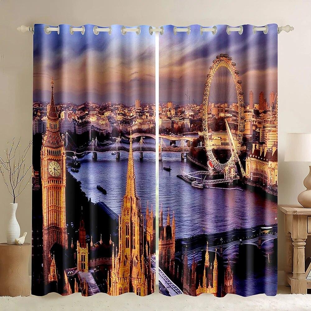 2ks London Building Window Curtains Tower s motivem Anglie Retro Londýn Silné zatemňovací okenní závěsy Cestovní scenérie Slavné město