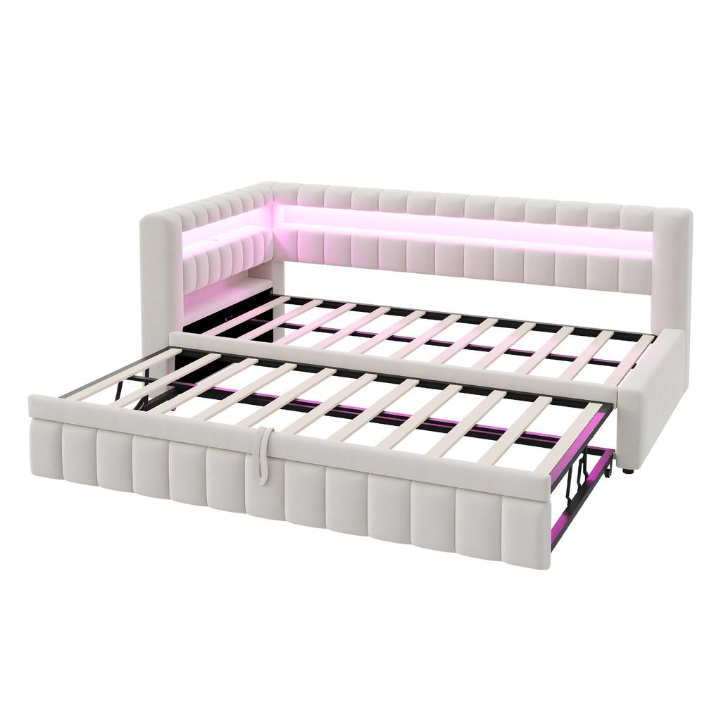 Upholstered Bed Pull-Out Sofa 90*200 Cm, With LED Lighting, Headboard and Backrest, Stripe, USB Charging Port, Velvet Beige, Old SKU LDU00422AAA