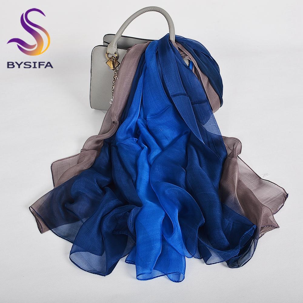 BYSIFA|Fall Winter 100% Silk Long Scarves Shawls Green Yellow Pink Grey Female Gradient Color Neck Scarf Summer Silk Scarf Cape