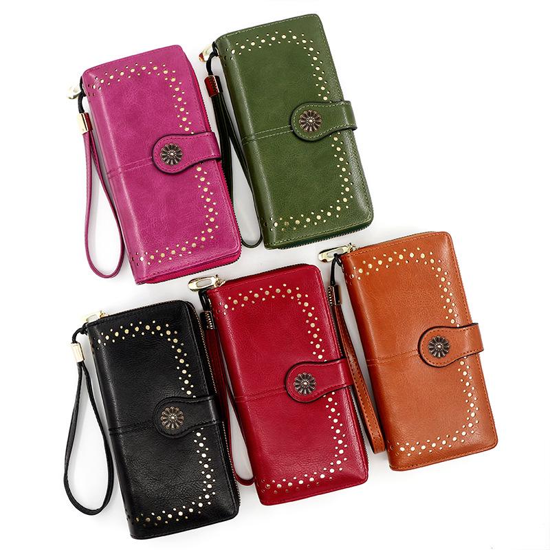 Women's Oil Wax Leather Zipper Wallet with Coin Purse & ID Holder