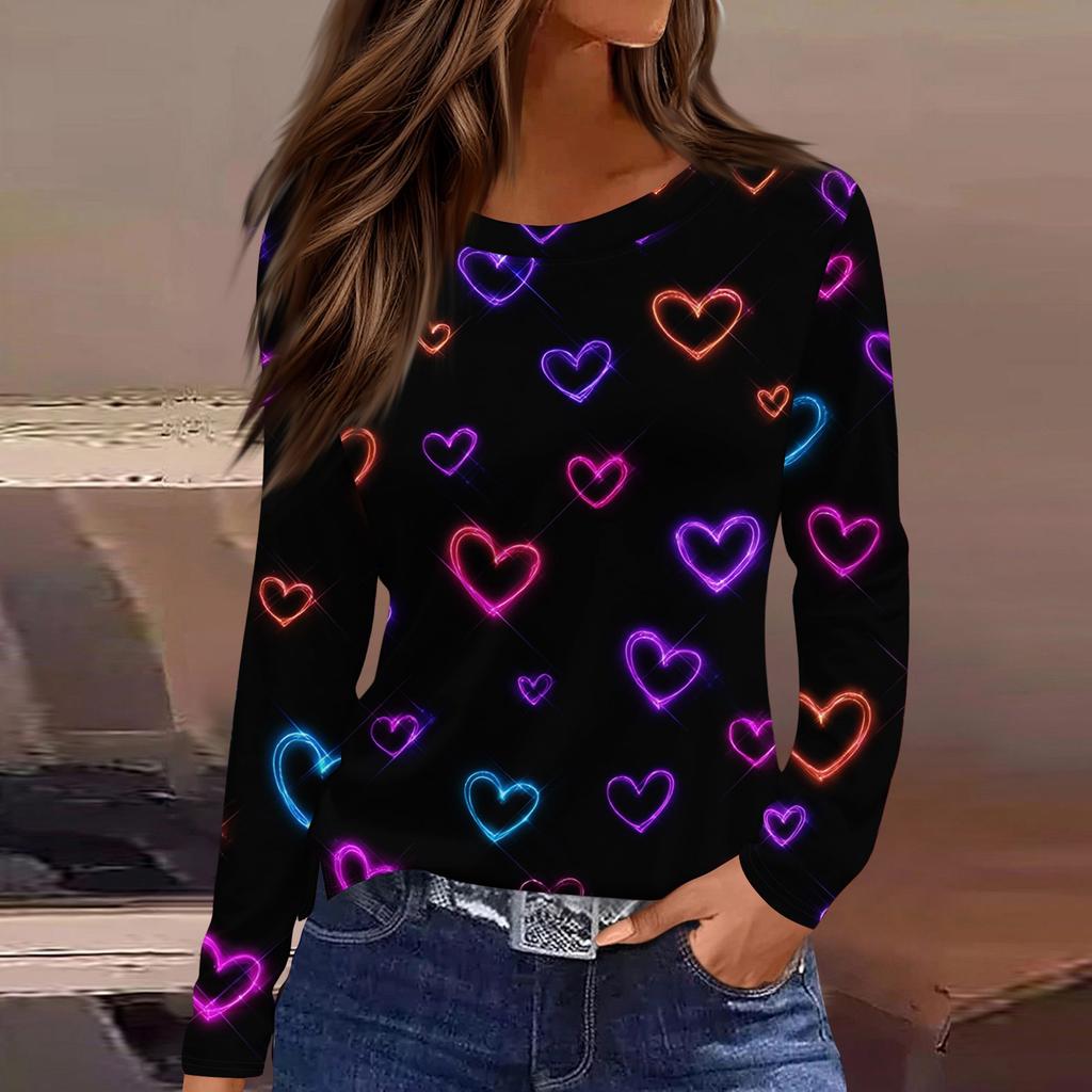 Women's Fashionable Long-Sleeved Round Neck Top with Slit Hem and Valentine's Day Heart Print
