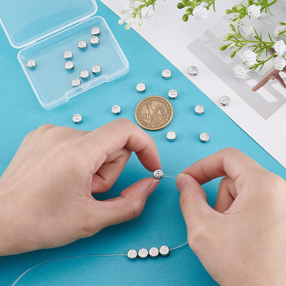 26Pcs 26 Styles Stainless Steel Beads Flat Round with Letter A~Z Stainless Steel Color 7mm Hole: 1.6mm 1pc/style