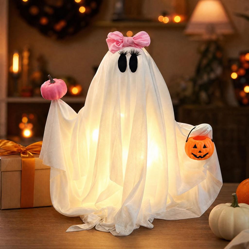 Halloween Pumpkin Figurine with 3-Function Button Battery Box and Warm Light