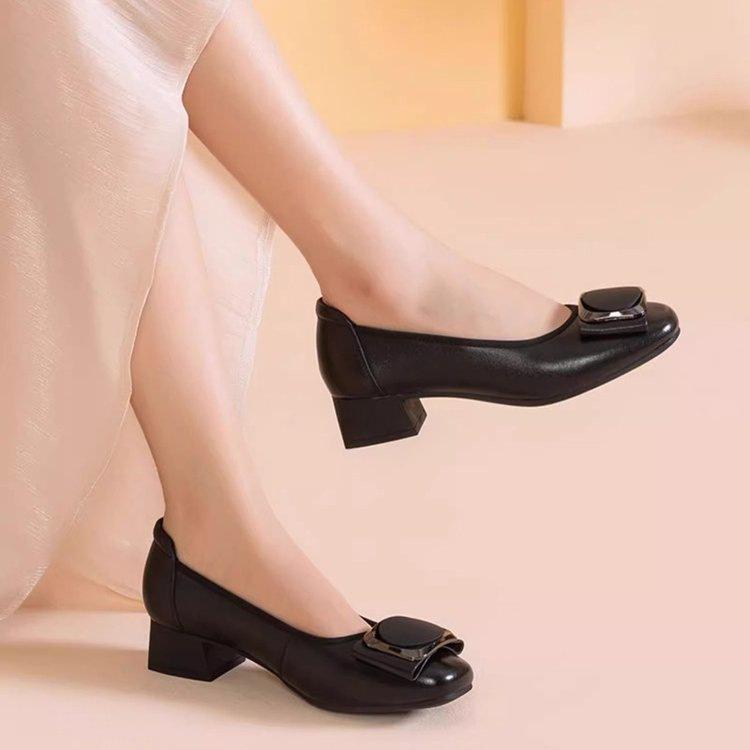 Autumn medium heel shallow mouth shoes new soft leather thick heel single shoes soft sole comfortable women's small leather shoes