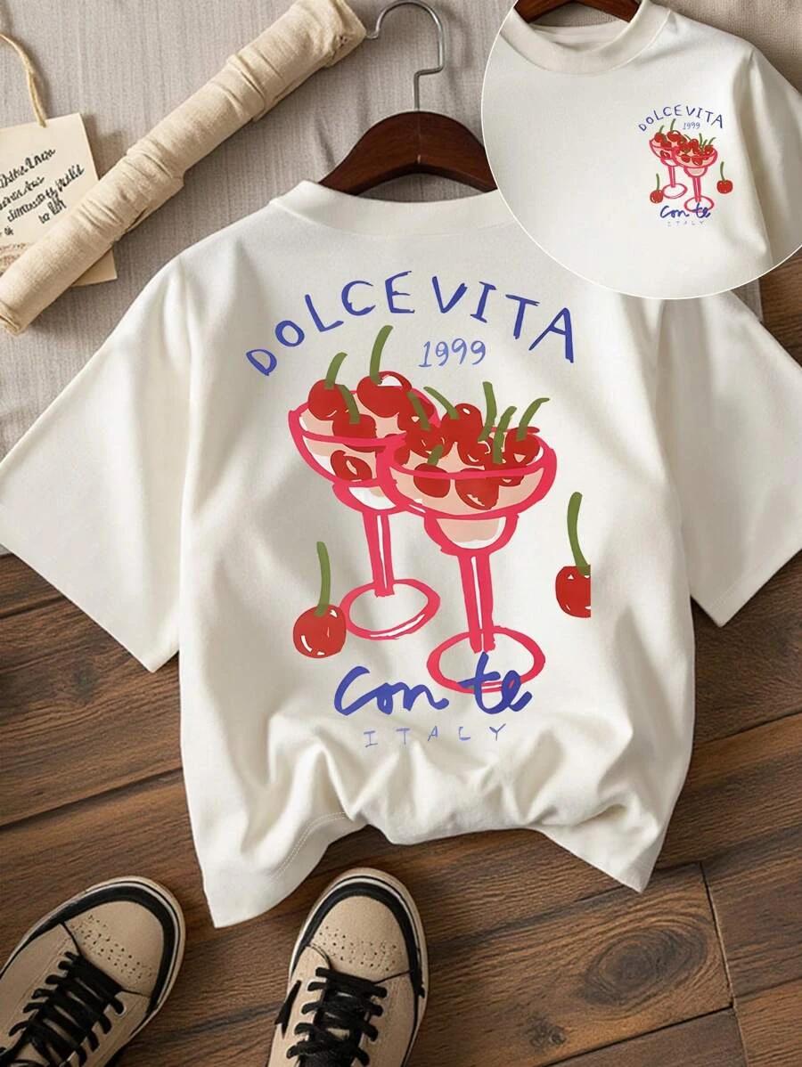

Unisex and Womens Sweet Cherry Cocktail Fruit Party Print Round Neck Short Sleeve TShirt Fashion Casual Summer Top Breathable L