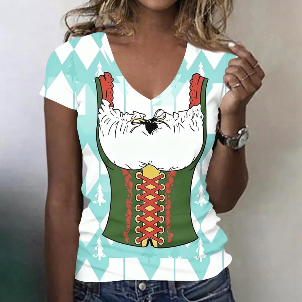 Women's Casual V Neck Short Sleeve T Shirt Oktoberfest Print Top Lightweight Soft Fabric Relaxed Fit Tee for Everyday Wear