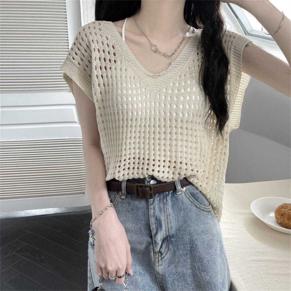 V-neck Hollow Out Knit T-shirt Oversized Beach Crochet Sweater Vest Leisure   Streetwear
