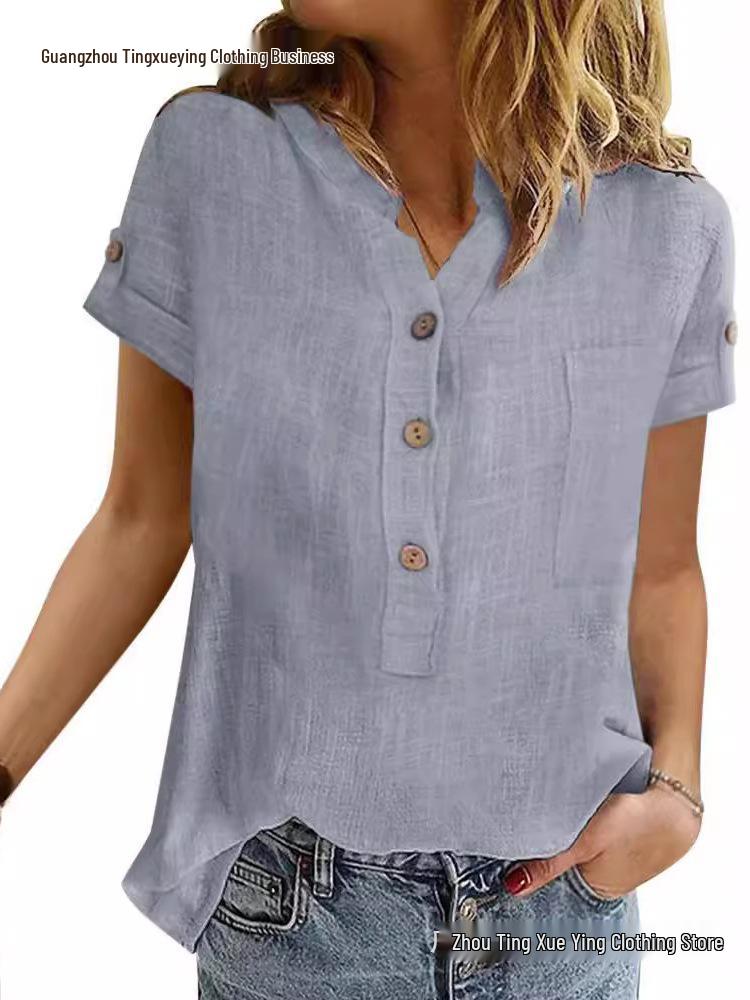 Damski letni retro patchwork bawełniano-lniany top z dekoltem w serek, zapinany na guziki, z krótkim rękawem