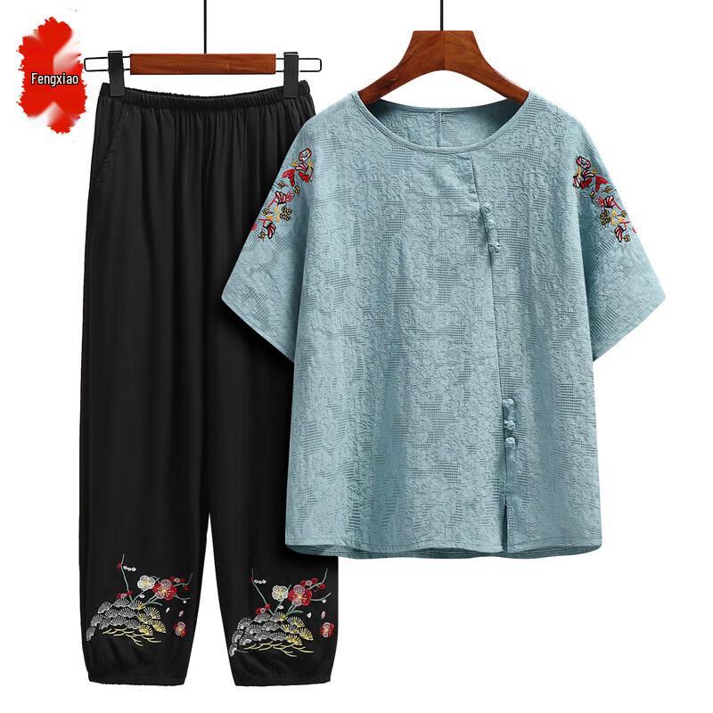 FENGXIAO MAMA Women s Cotton Linen Summer Two-Piece Set L