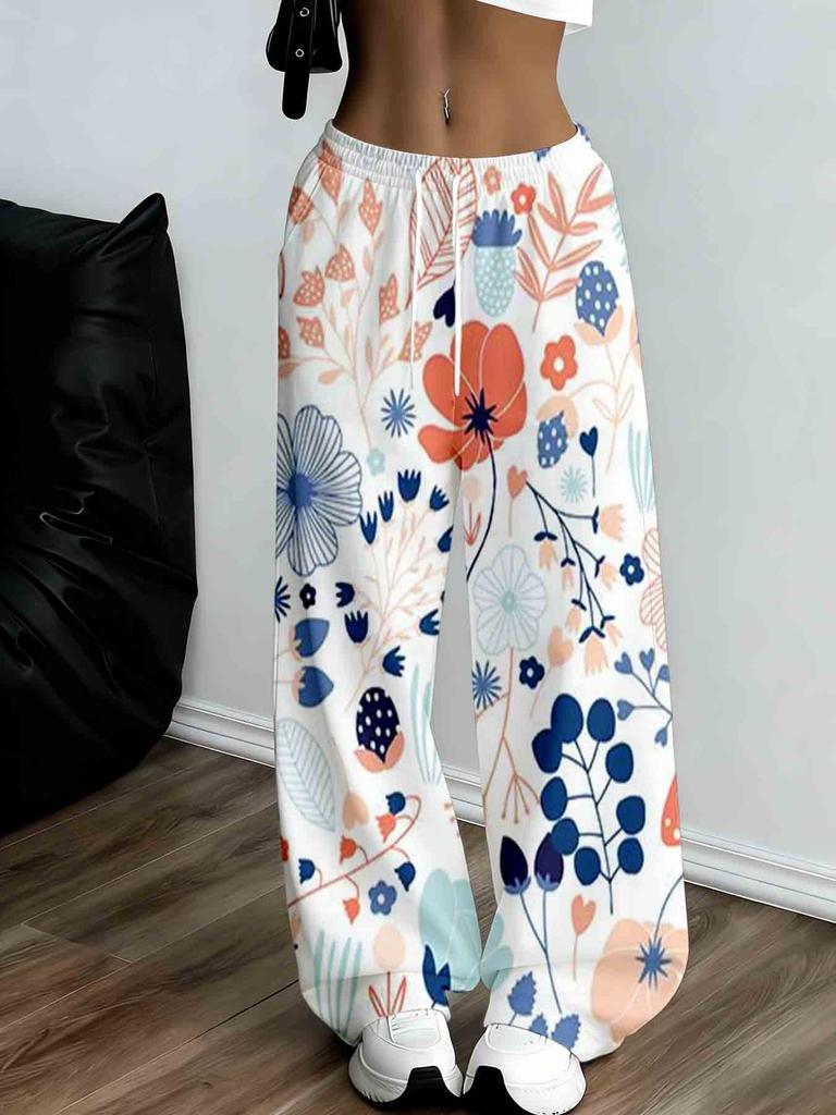 floral printed wide-leg sweatpants, drawstring waist design, women's comfortable and loose version