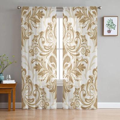 Cortinas transparentes de tul con textura de hojas y flores con patrón étnico para dormitorio, decoración navideña