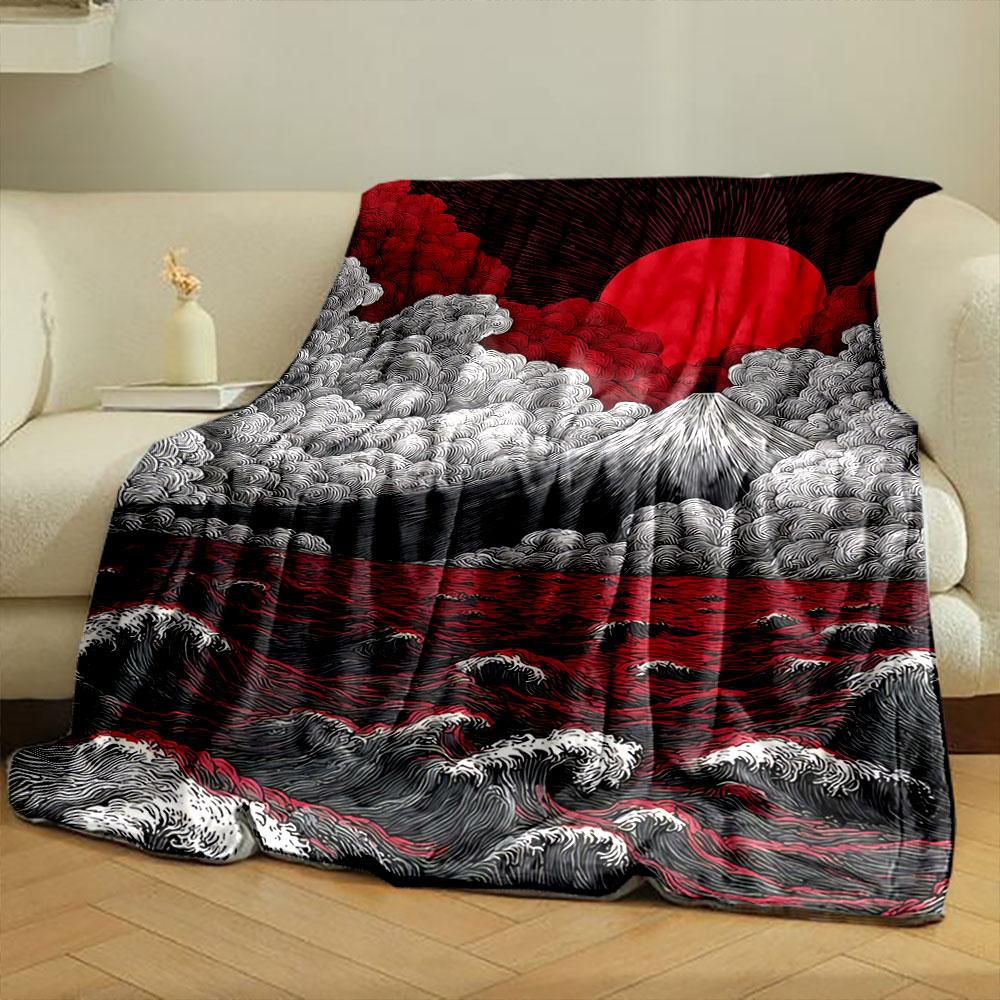 A Swirling Pattern of Clouds, Waves, a Mountain, and a Bold Red Sun. for All Seasons Blanket Lunch Break Throw Gift