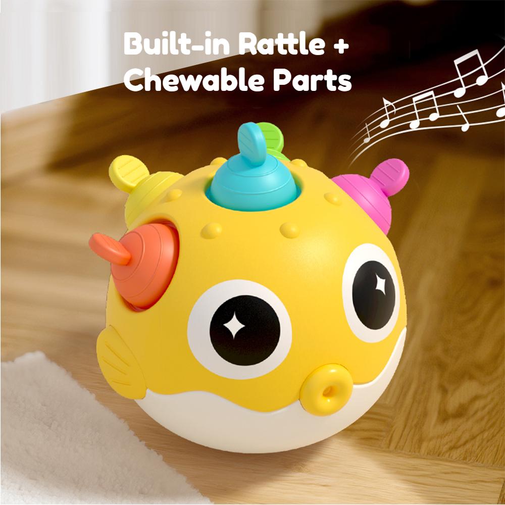 Pufferfish Baby Roly-Poly Rattle Toy with Teether Button Motor Skills Hand-Eye Coordination Early Learning Toy Newborn Gift