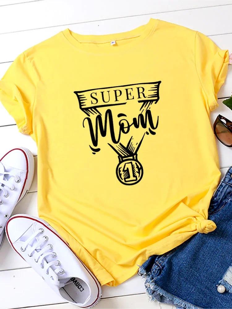 SUPER MOM NO.1 Print Women T Shirt Short Sleeve O Neck Loose Women Tshirt Ladies Tee Shirt Tops Clothes Camisetas Mujer