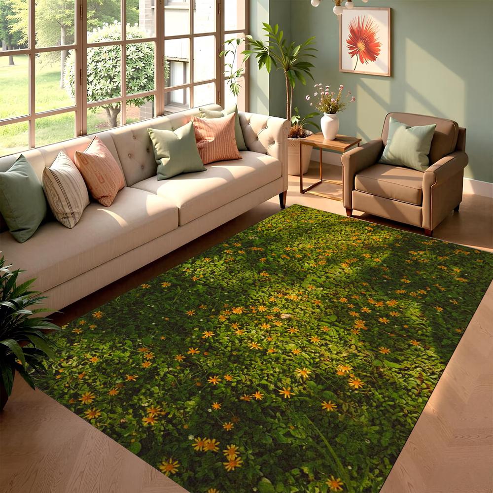 3D Grüner Rasen Bedruckter Teppich Gänseblümchen-Muster Wohnzimmerteppich Innenbereich Anti-Rutsch-Matte Schlafzimmerteppich Wohnzimmerteppich Heimdekoration