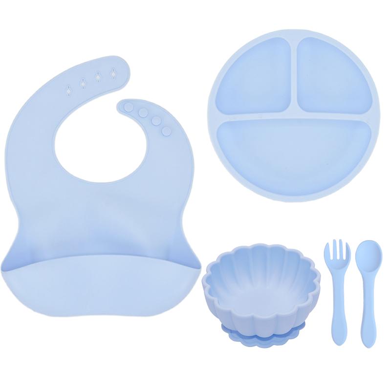 

5 шт. Силіконовий набір для годування дитини Без BPA Чаша для всмоктування Розділена тарілка Дерев’яна ручка Ложка Виделка Силіконові нагрудники Дитячий посуд