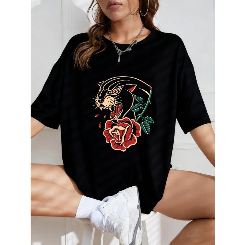 White Oversized T Shirt With Rose And Abstract Design For Casual Wear