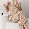 Spring and summer new women's plaid pajamas set long-sleeved trousers lapel loungewear pure cotton couple cardigan can be outside
