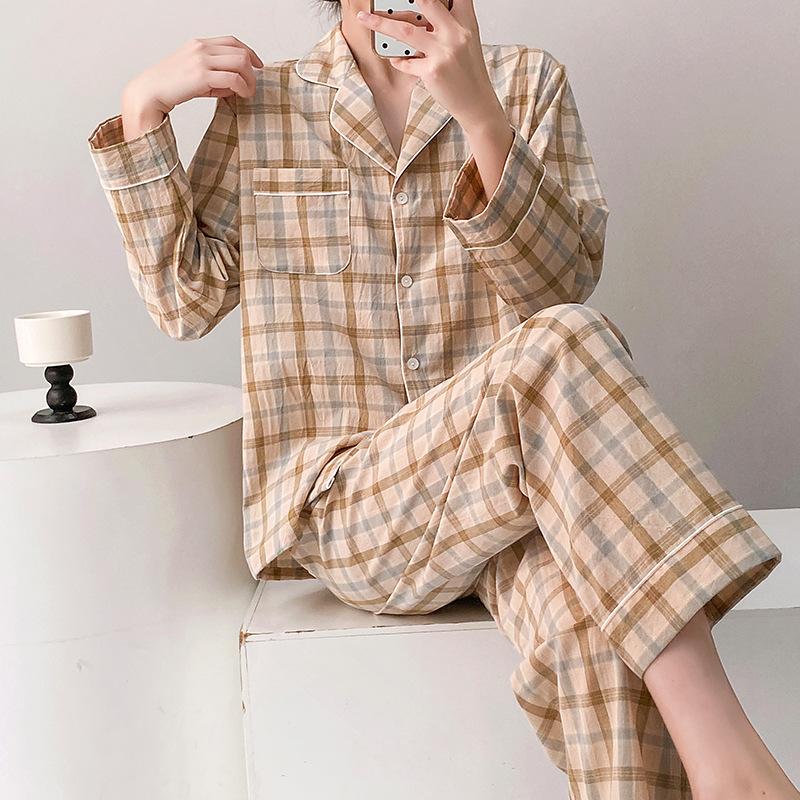 Spring and summer new women's plaid pajamas set long-sleeved trousers lapel loungewear pure cotton couple cardigan can be outside