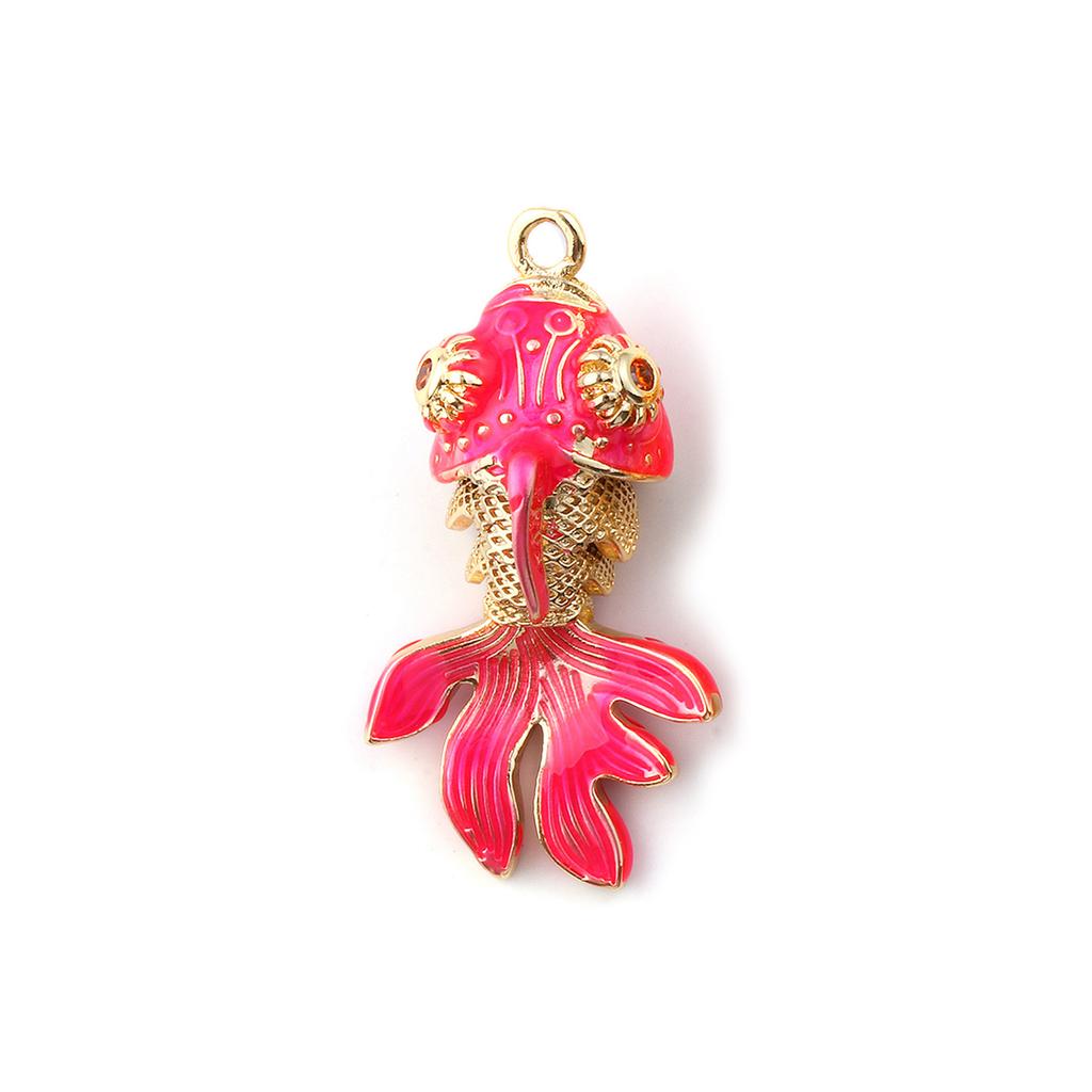 1 Piece Enamel Goldfish 3D Movable Brass Charms Orange Cubic Zirconia 18K Gold Plated Fish Ocean Jewelry Pendants 3cm x 1.5cm