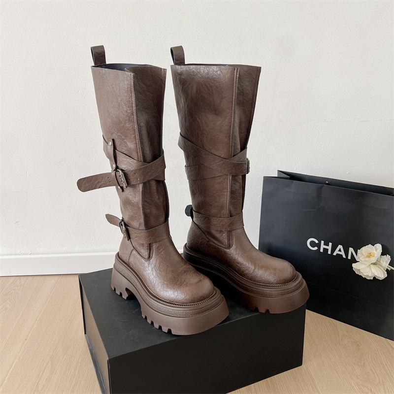British Style Thick Heel But Knee Knight Boots Women's 2025 Autumn New Retro Versatile Thin Sweet Cool Buckle Boots