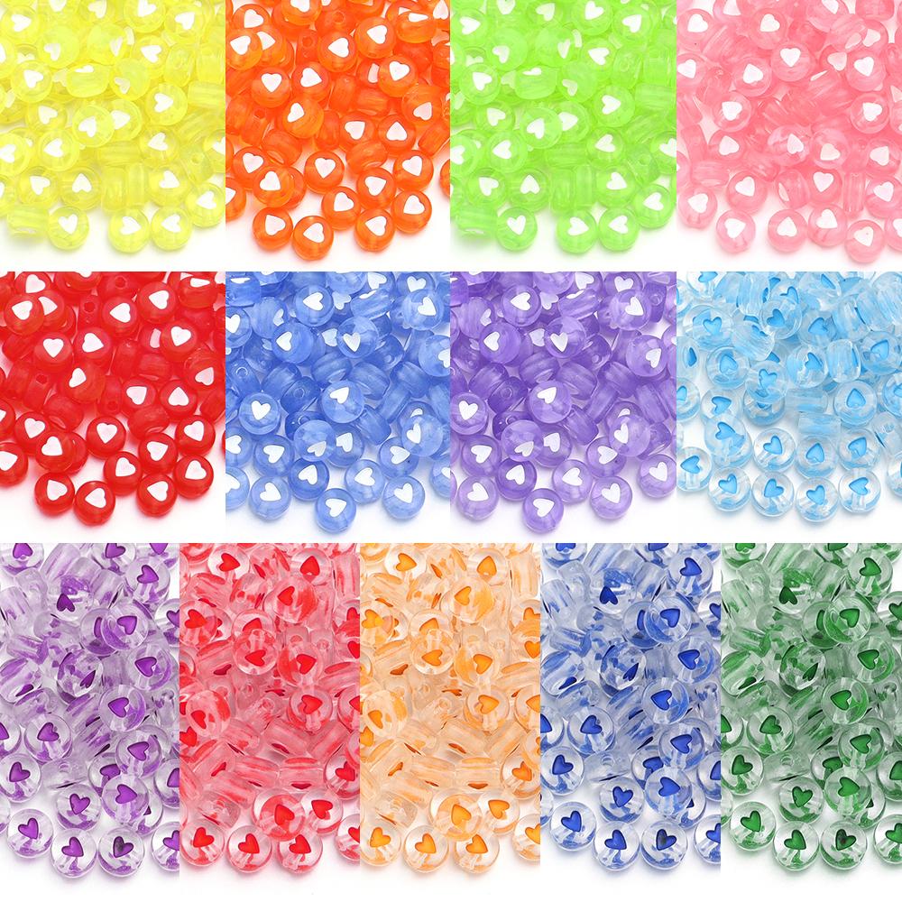 100pcs/lot 7mm Acrylic Beads Colored Transparent Heart Pattern Loose Flat Round Beads For Craft Bracelet Making DIY Jewelry Gift
