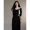 Nanyi French-Inspired Polka Dot Black Dress: Elegant Flowy Collar, Waist-Cinched Skirt for Women