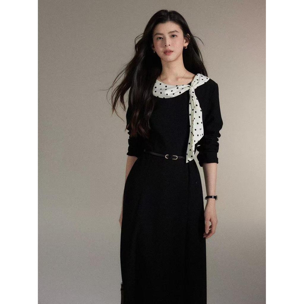 Nanyi French-Inspired Polka Dot Black Dress: Elegant Flowy Collar, Waist-Cinched Skirt for Women