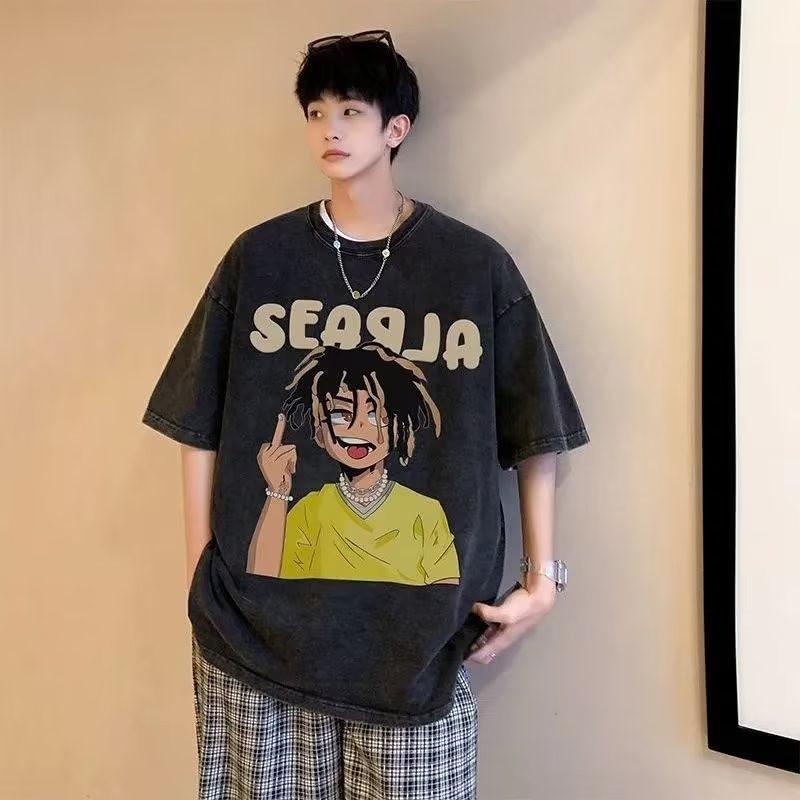 

Летняя американская уличная мужская модная футболка с коротким рукавом с газетным принтом, потертые футболки с потертой графикой, винтажная мужская одежда в стиле хип-хоп