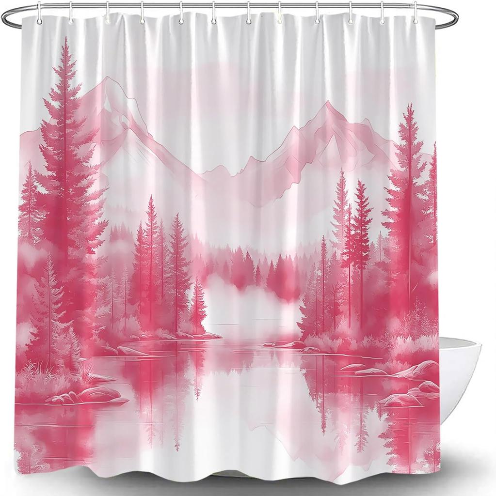 Green Misty Forest Shower Curtain Mountain Foggy Pine Trees Landscape Watercolor Jungle Plant Rustic Nature Scenery Lake Fabric
