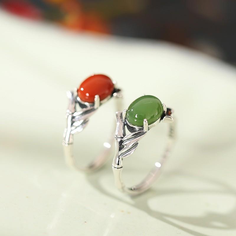 Adjustable Open Ring Women Men Vintage Bamboo Leaf Design Red Agate Jade Copper Statement